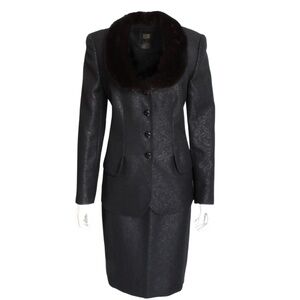 Escada Couture Suit Mink Collar Jacket and Skirt 2pc Silk Wool Blend Paisley 40